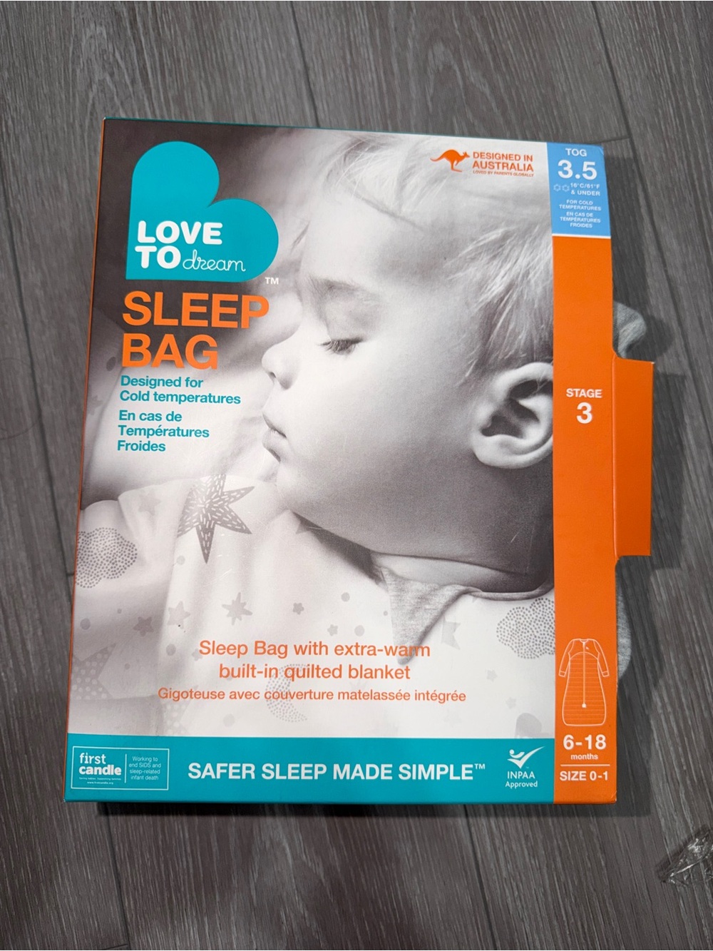 Love to Dream Sleep Bag Packaging in Teal & Orange
